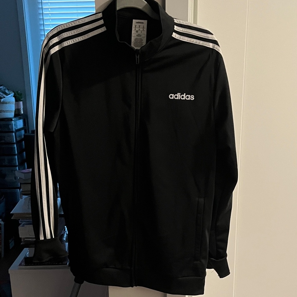 Adidas Black Mens Medium Track Jacket with White Stripes. Like NEW